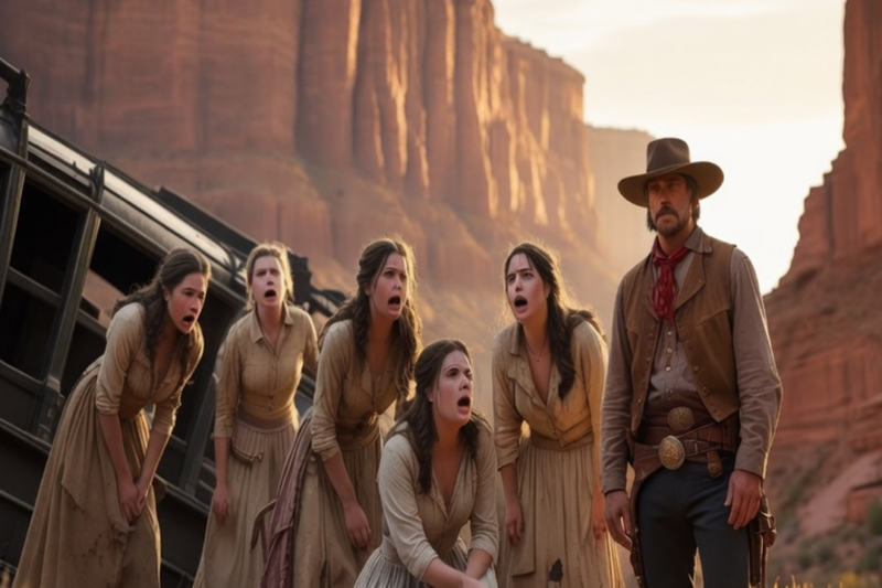 STAGECOACH CARRYING FIVE UNWANTED BRIDES OVERTURNS IN CANYON, ONLY ONE MAN KNOWS THE WAY OUT