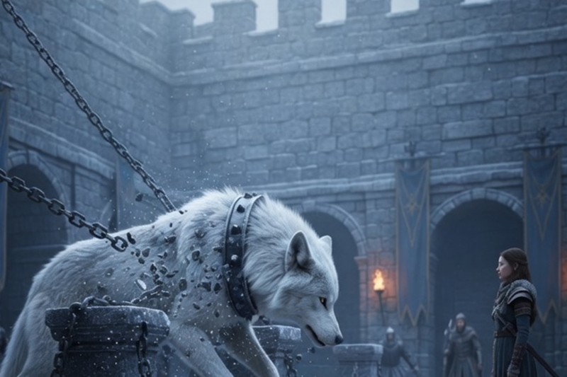 THEY CHAINED THE FROST WOLF IN THE COURTYARD — IT BROKE FREE TO STAND BESIDE HER