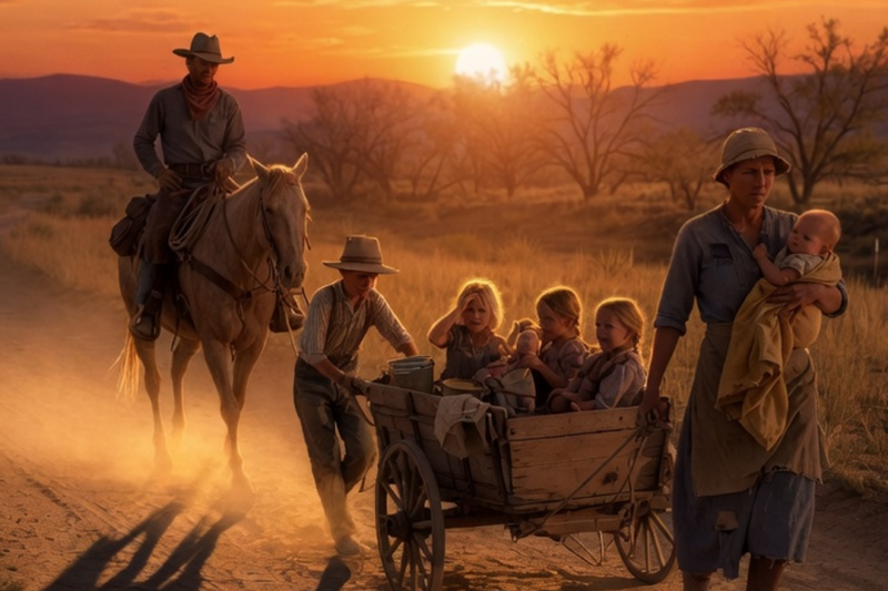 “COME WITH ME…” THE SILENT COWBOY SAID WHEN HE FOUND A WIDOW DRAGGING 7 CRYING CHILDREN