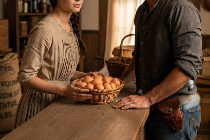 She Was Trading Eggs for Flour at the Store, The Cowboy Bought Everything and Walked Her Home