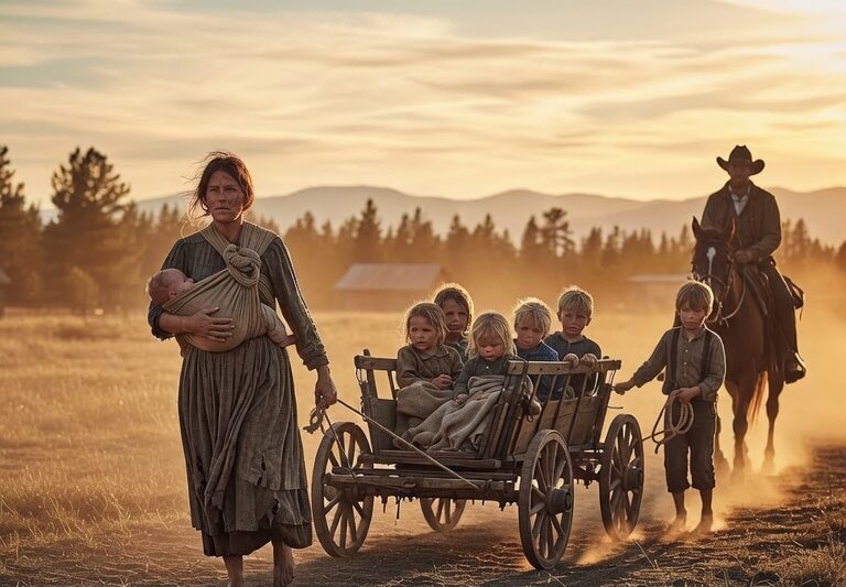 “Come With Me…” the Silent Cowboy Said When He Found a Widow Dragging 7 Crying Children