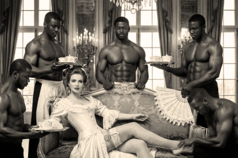SHE SAT IN UNIMAGINABLE LUXURY WHILE FIVE ENSLAVED MEN STOOD BESIDE HER, BUT WHAT HAPPENED THE NIGHT A SECRET MESSAGE ARRIVED CHANGED EVERYTHING