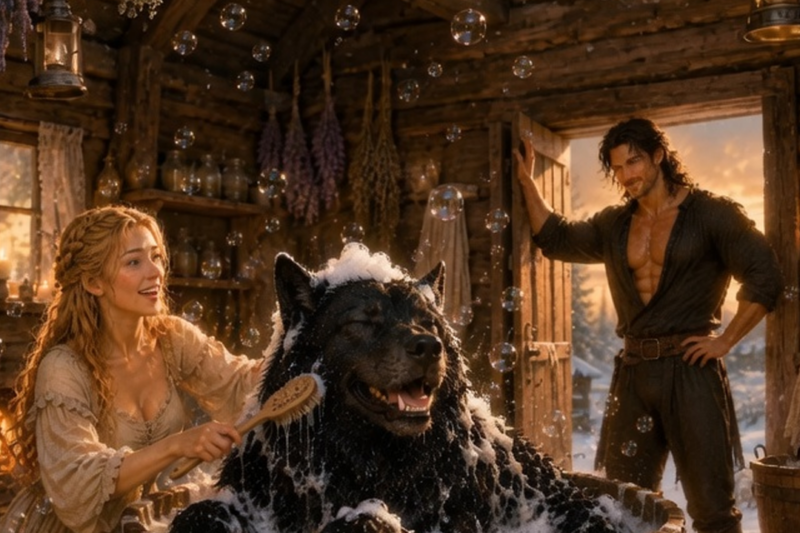 THE CLUMSY OMEGA GAVE A BATH TO A GIANT BLACK WOLF — THEN THE ALPHA KING REFUSED TO LEAVE HER COTTAGE