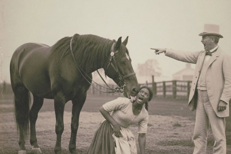A master chained his slave to a male horse and forced her to mate with the horse to satisfy his perverse desires.