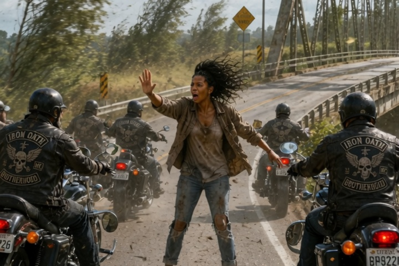 THE HOMELESS GIRL WHO RISKED EVERYTHING TO SAVE 15 BIKERS FROM A BRIDGE RIGGED TO KILL THEM ALL
