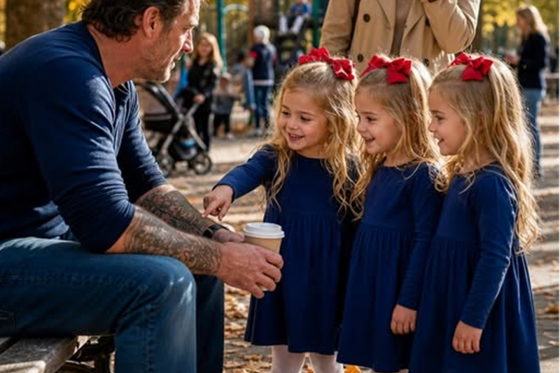 PART 2 Three identical little girls walked straight up to a widowed father in the middle of the park and innocently said, “Our mom has the exact same tattoo as you.”…