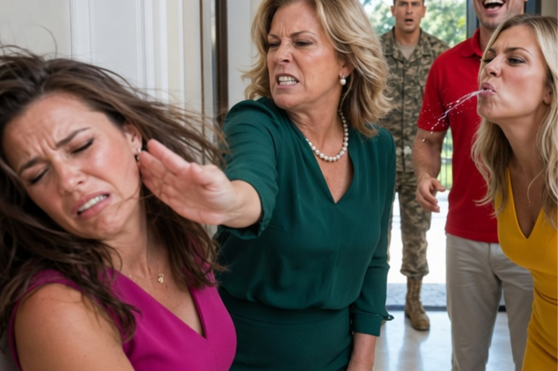 My mother slapped me so hard I slammed into the wall. My sister-in-law spat at me, and my brother-in-law laughed and called me a gold digger, thinking my husband was away on duty.