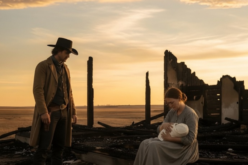 Cowboy Finds a Starving Mother on a Burned Cabin Roof—She Looks at Him and Says “You’re Late”