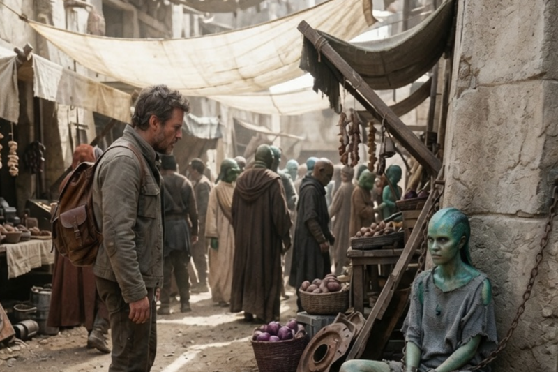 He Passed by a Chained Alien Woman in the Market with a Sign Reading: “Take Her — She’s Useless”