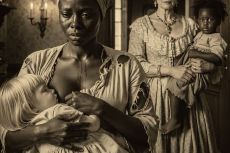 A SLAVE IS FORCED TO BREASTFEED A WHITE CHILD — WHILE HER OWN BABY DIES FROM STARVATION AT HER FEET.