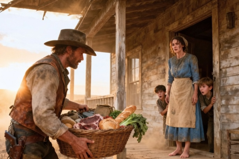 HE WATCHED A HUNGRY WIDOW LIE TO HER SONS — THEN THE COWBOY RETURNED WITH FOOD
