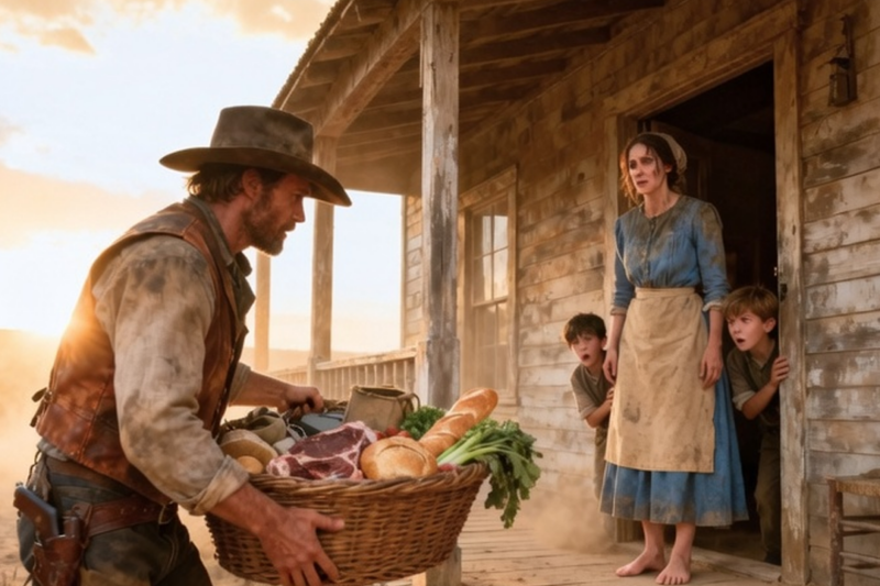 HE WATCHED A HUNGRY WIDOW LIE TO HER SONS — THEN THE COWBOY RETURNED WITH FOOD